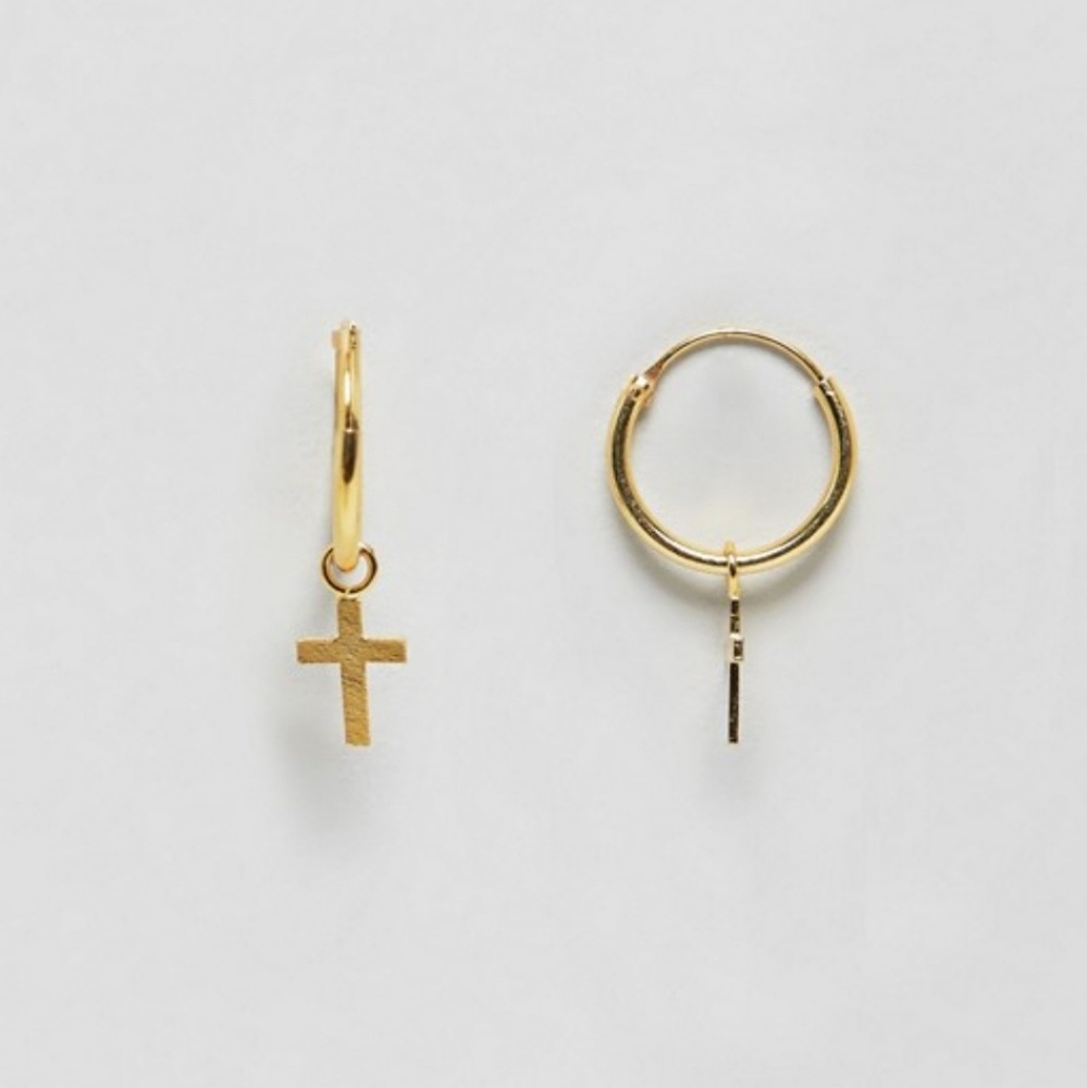 Gold plated sterling silver cross hoop earring